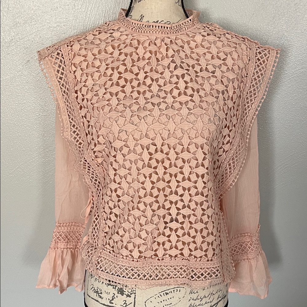 Vivid Importers of NY Blush Pink Lace Crochet Blouse Sheer Bell Sleeve Sz S NWT